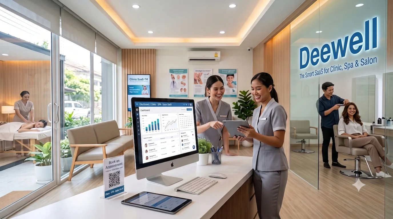 พนักงานต้อนรับของร้านกำลังใช้ระบบบนแท็บเล็ตที่เคาน์เตอร์