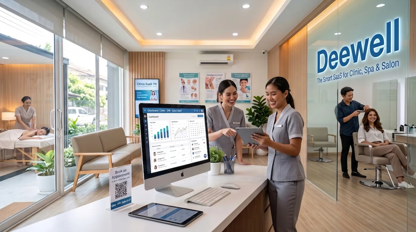 เคาน์เตอร์ร้านที่ใช้ Deewell — พนักงานดูแดชบอร์ดบนจอและแท็บเล็ต โดยมีห้องทรีตเมนต์และโซนเสริมสวยอยู่ด้านหลัง